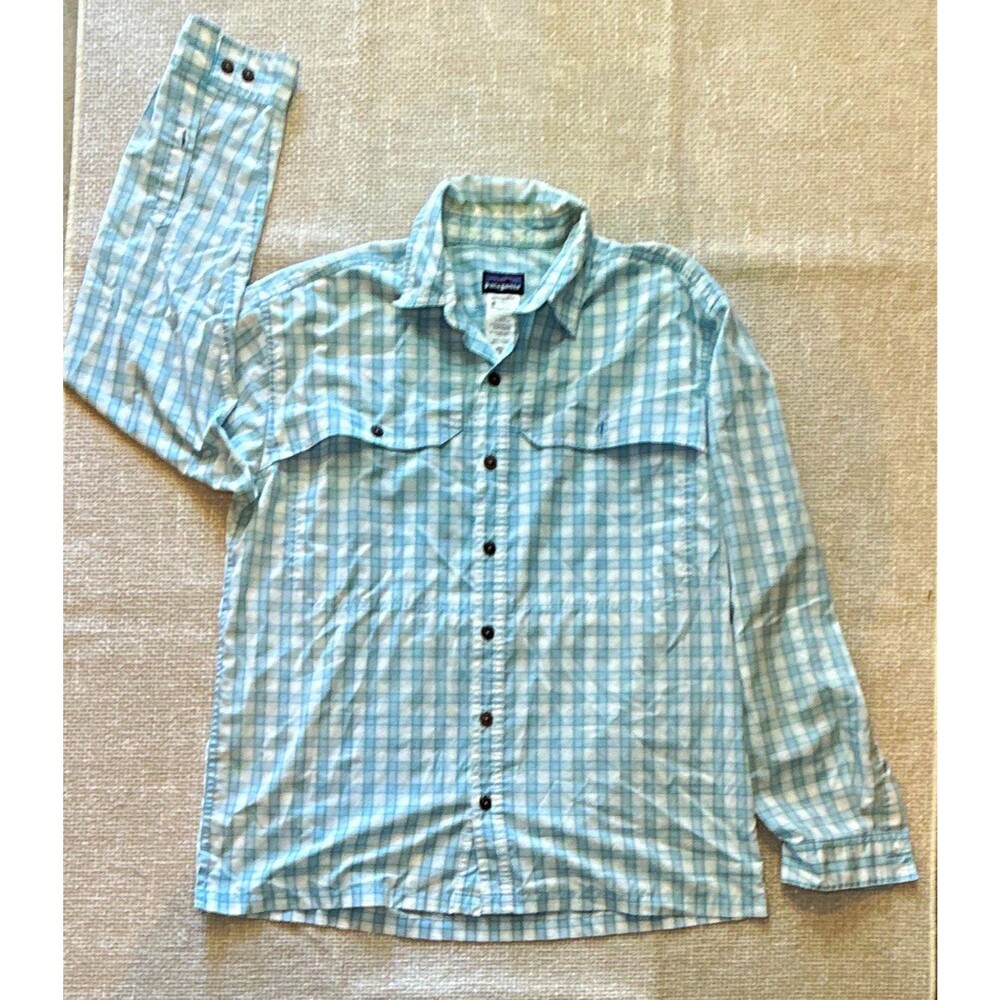 Patagonia Mens M Long Sleeve Island Hopper Fishing Shirt Blue Plaid Vented
